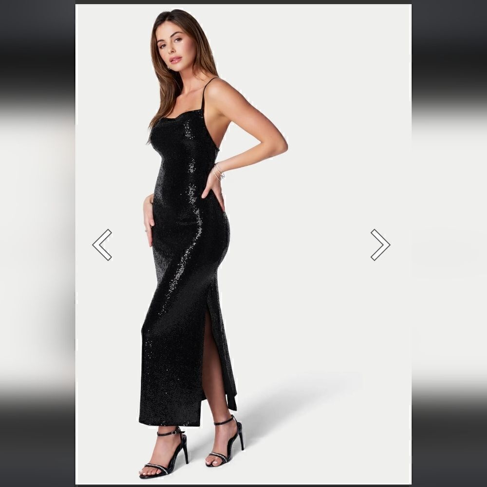 Bebe Cowl Neck Shimmer Maxi Dress Black Size M - Picture 2 of 10